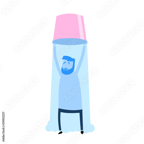 Funny cartoon man under cold bucket shower. Flat design icon. Colorful flat vector illustration. Isolated on white background. photo