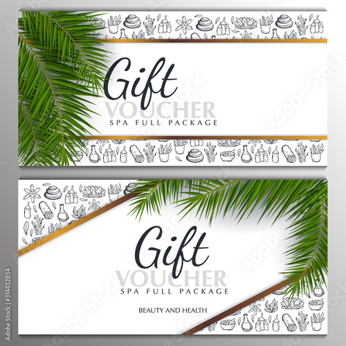 Set of Spa or Beauty saloon Gift vouchers with palm leaves and hand draw doodle background.