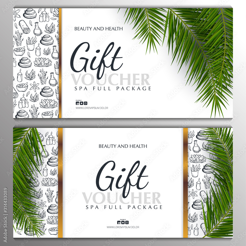 Set of Spa or Beauty saloon Gift vouchers with palm leaves and hand draw doodle background.