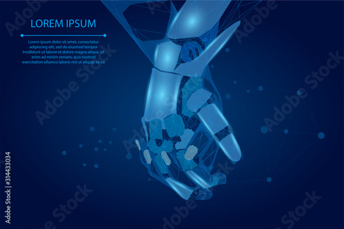 Abstract mash line and point human and robot hands together. Future technological business. Low poly artificial intelligence vector illustration