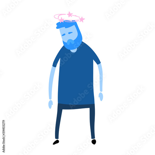 Confused man seeing spinning stars. Loss of consciousness flat design icon. Colorful flat vector illustration. Isolated on white background.