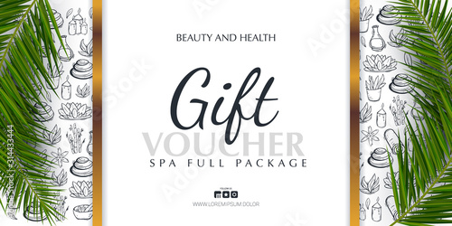 Spa or Beauty saloon Gift voucher with palm leaves and hand draw doodle background.