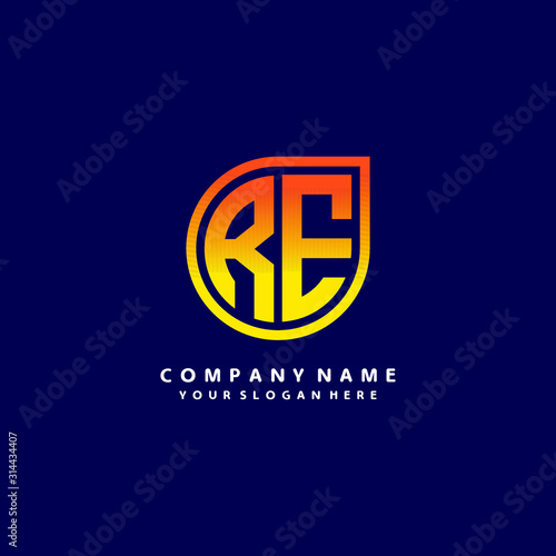 letter RE orange abstract logo, with a blue background
