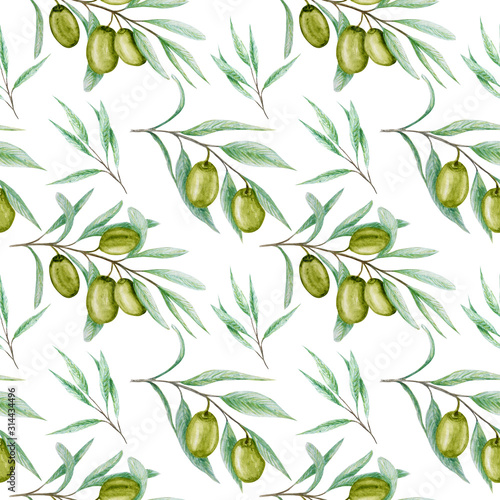 Seamless pattern Watercolor green olive tree branch leaves. Realistic olives illustration on white background  Hand painted fabric texture. Design for invitations  greeting card  poster  label concept