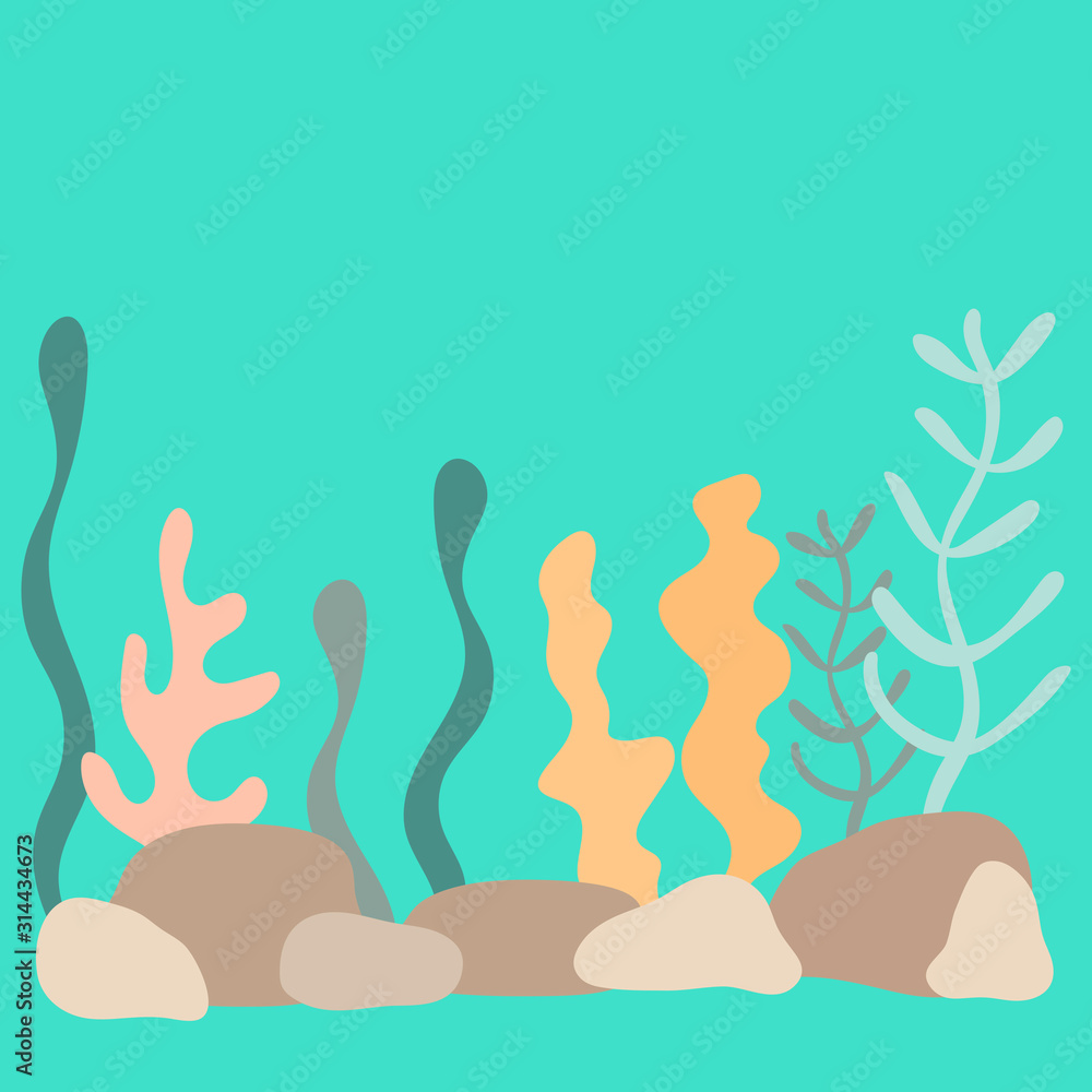 Obraz premium Underwater world, landscape with seaweed. the silhouette of the plants in a flat cartoon style. Hand-drawn vector illustration