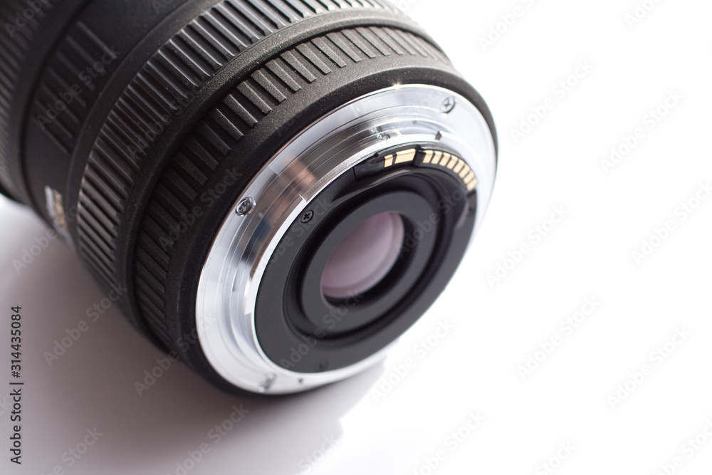 Single-lens reflex camera (slr) lens on white background