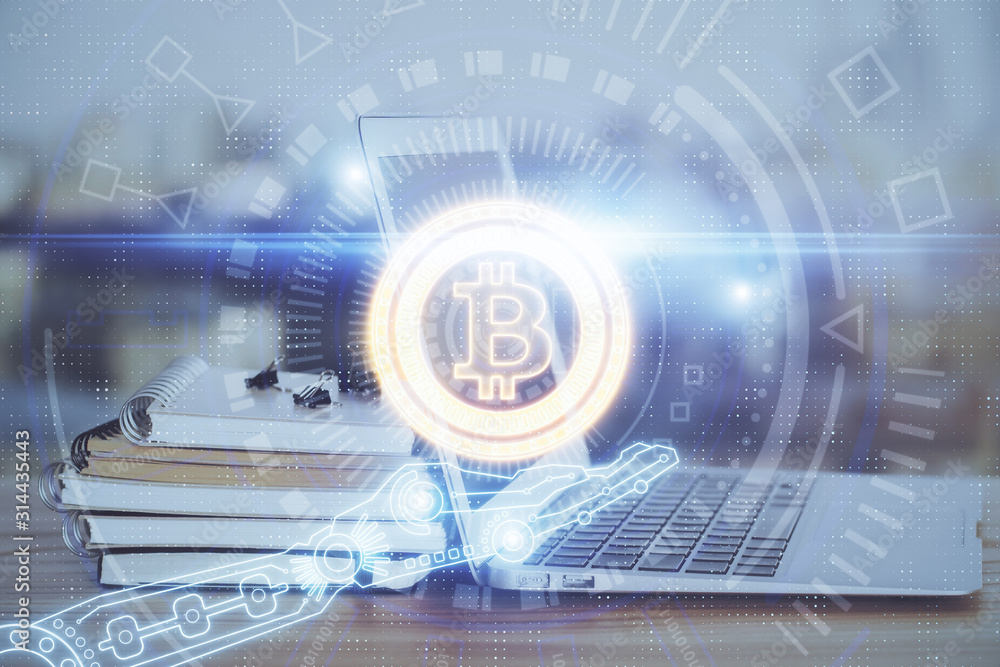 Double exposure of blockchain theme hologram and table with computer background. Concept of bitcoin crypto currency. Double exposure of blockchain theme hologram and table with computer background. Concept of bitcoin crypto currency.