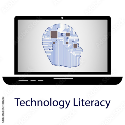 Technology literacy-digital literacy abstract illustration vector. A head shape in laptop on isolated white background. Conceptual design for presentation, banner, websites.