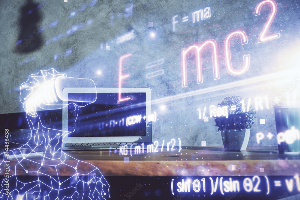 Obraz premium Desktop computer background and formula hologram writing. Double exposure. Education concept.