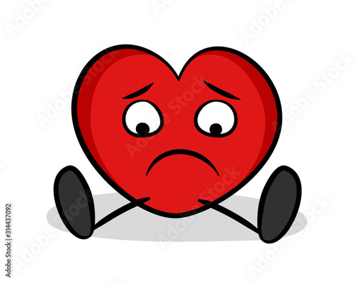 Lonely heart is sad and unhappy because of unrequited love, being single, breakup., romantic loneliness. Romance, affection and negative emotion and feeling. Vector illustration isolated on white.