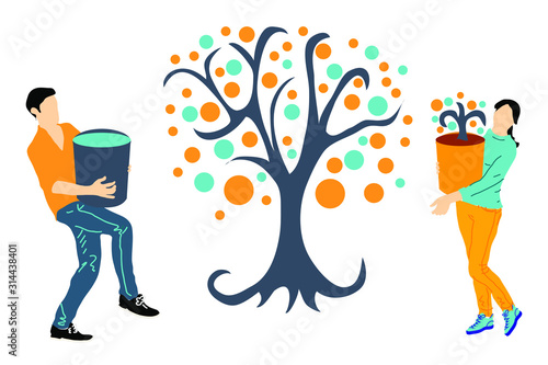 Vector illustration dedicated to ecology and the environment. Young people water and take care of a tree
