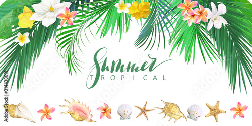 Tropical banner with flowers and seashells. Vector template.