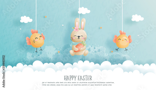 Easter card with cute bunny and Easter egg in paper cut style. Vector illustration
