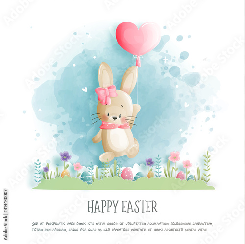 Easter card with cute bunny and Easter egg in paper cut style. Vector illustration