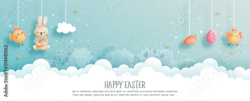 Easter card with cute bunny and Easter egg in paper cut style. Vector illustration