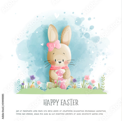 Easter card with cute bunny and Easter egg in paper cut style. Vector illustration