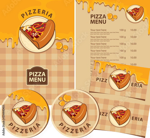 Vector set of design elements for a pizzeria. Menus, badges, business cards, and drink stands with a slice of pizza, melted cheese, and inscriptions on a checkered tablecloth background