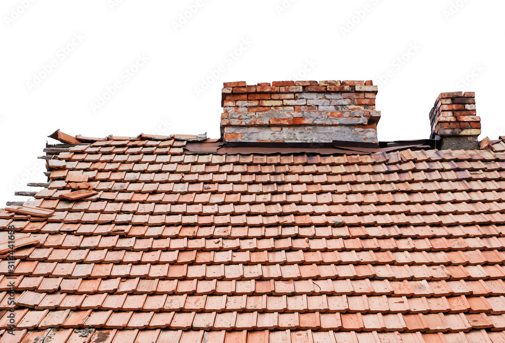 Old Clay Roof Tiles With Brick Chimney, Old Clay Roof Tiles