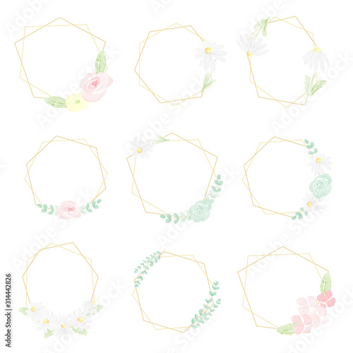 watercolor white daisy golden frame collection isolated on white background
