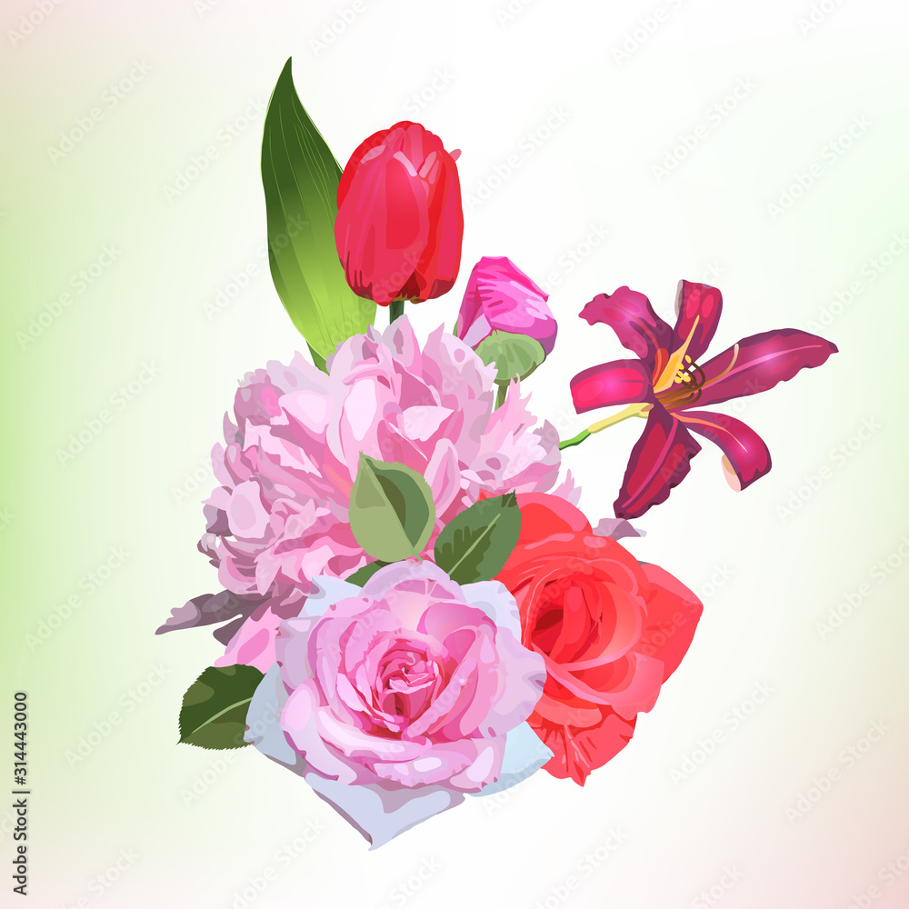 Bouquet of flowers, can be used as greeting card, invitation card for wedding, birthday and other holiday and  summer background. Vector.
