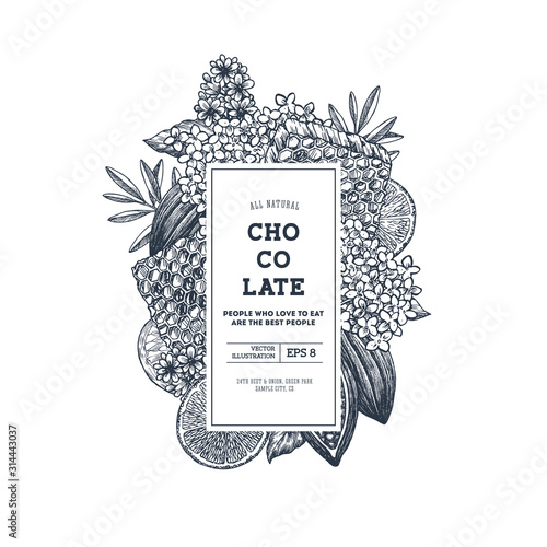 Chocolate packaging design template. Engraved style illustration. Honey, flower, cocoa, chocolate, citrus. Vector illustration