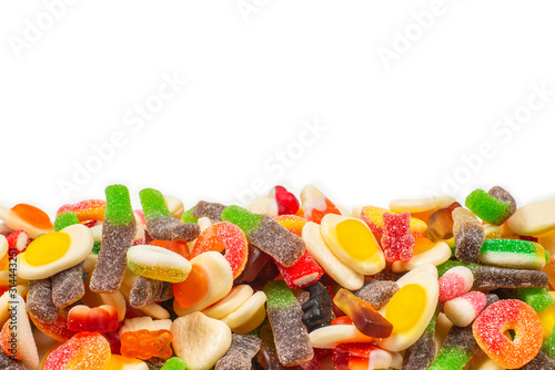 Assorted gummy candies. Top view. Jelly sweets.