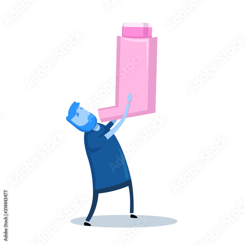 Cartoon man holding giant asthma inhaler. Cartoon design icon. Flat vector illustration. Isolated on white background.