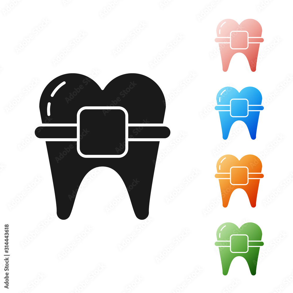 Black Teeth with braces icon isolated on white background. Alignment of ...