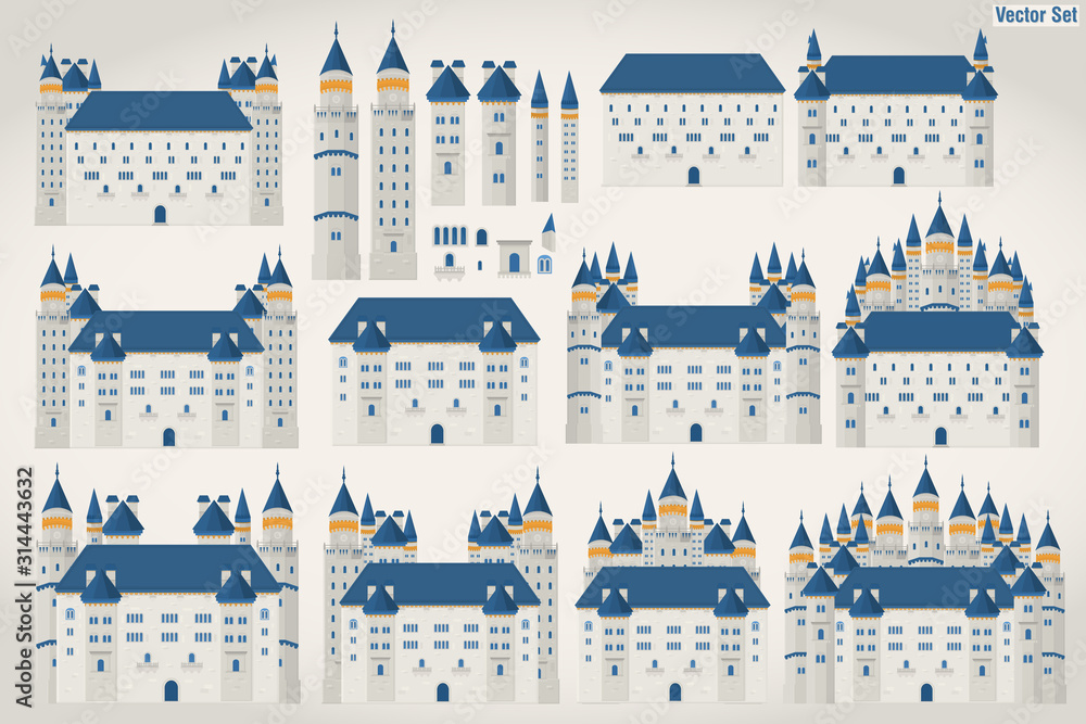 Vector set of castles in different variants in blue and gray colors. Collect the castle itself.