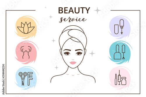 Beauty service vector illustration. Woman’s face thin line, nails, hairdresser, spa, body, make up and botox treatment services. .