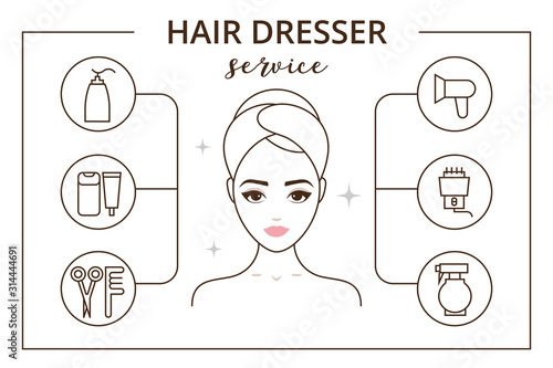 Hair dresser service vector illustration. Women’s beauty service, different procedures. .
