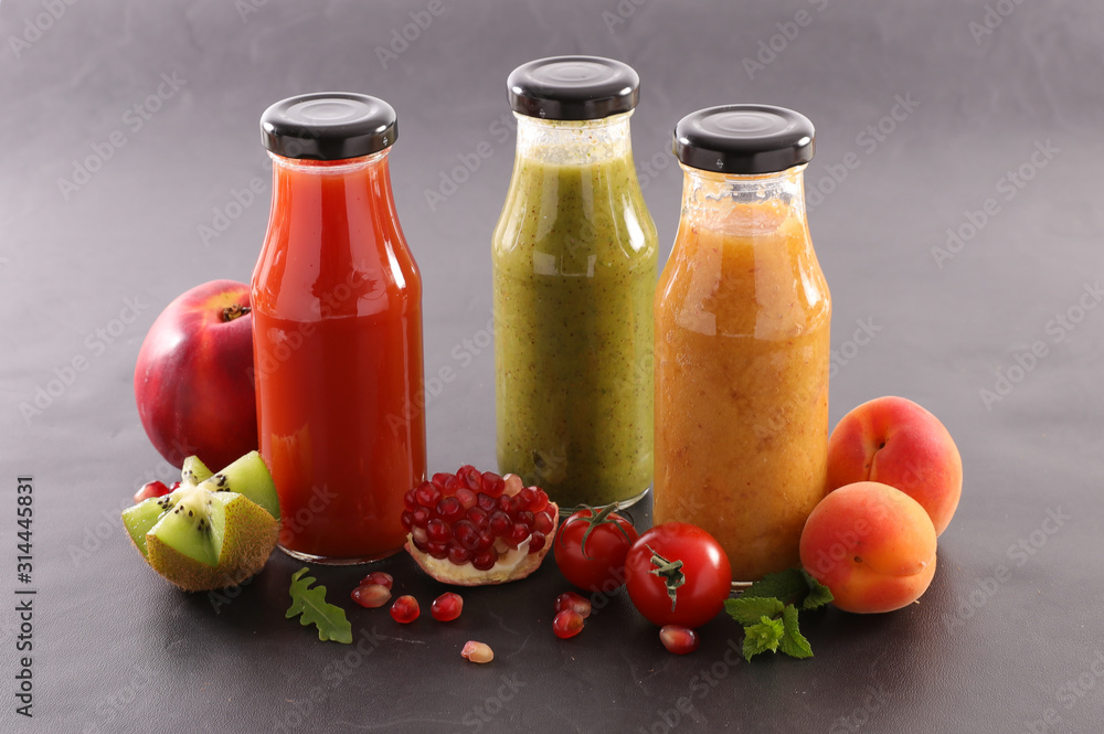 assorted of fruit juice, grapefruit, pineapple, banana, pomegranate