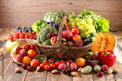 Fototapeta Naklejka Na Ścianę i Meble - assorted of fruit and vegetable in wicker basket