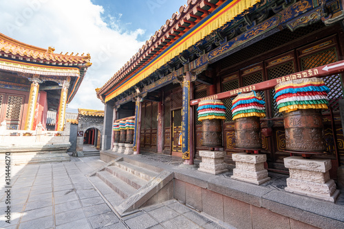 Buddhist prayer wheels at a temple in mount wutai, China
