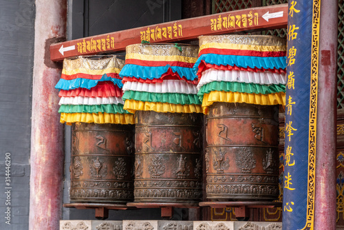 Buddhist prayer wheels at a temple in mount wutai, China