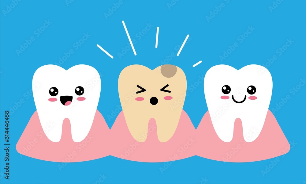 Toothache concept. Tooth decay. Bad unhealthy teeth cute characters. Dental  care background. Stock Vector | Adobe Stock