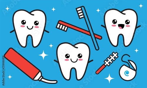 Cute kawaii tooth icon set. Teeth with toothbrush, brace, toothpaste, decay, dental floss