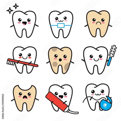Cute kawaii tooth icon set. Teeth with toothbrush, brace, toothpaste, decay, dental floss