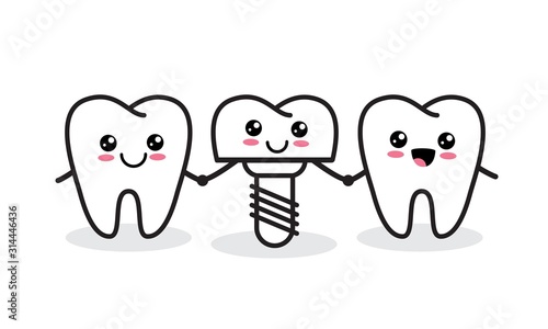Dental implant. Cute healthy tooth and implant vector characters. 