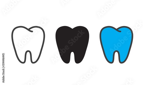 Tooth icon set. Outline, black and blue cartoon teeth symbols