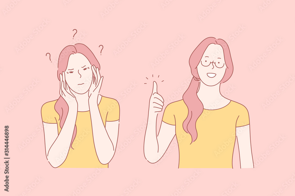 Health, sight, success set concept. Young pretty woman has good sight with help of glasses. Glasses help with myopia. Medicine make life successful. Happiness of becoming healthy. Simple flat vector Health, sight, success set concept. Young pretty woman has good sight with help of glasses. Glasses help with myopia. Medicine make life successful. Happiness of becoming healthy. Simple flat vector