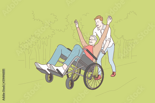 Family, voluntarism, disability care concept. Young volunteer helps disabled oldman,riding on wheelchair in park. Voluntarism is vocation.Family care. Voluntary youth movement. Simple flat vector