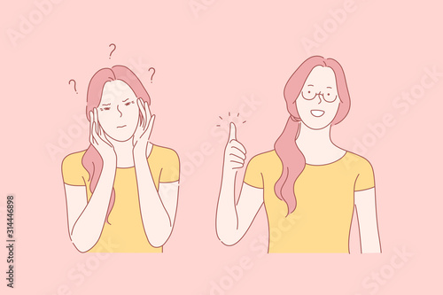 Health, sight, success set concept. Young pretty woman has good sight with help of glasses. Glasses help with myopia. Medicine make life successful. Happiness of becoming healthy. Simple flat vector