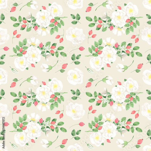 Seamless pattern wild rose white flowers watercolor digital paper fabric