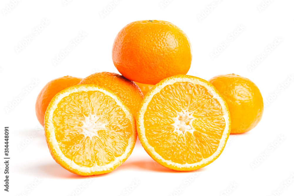Sliced round halves of orange fruit and whole citrus isolated on white background Sliced round halves of orange fruit and whole citrus isolated on white background