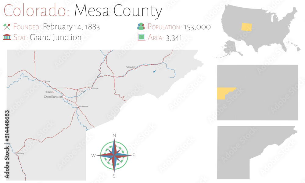 Fototapeta Large and detailed map of Mesa county in Colorado, USA.