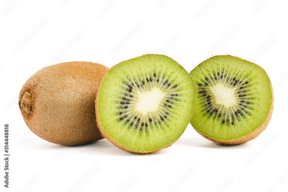Two round slice halves kiwi and whole tropical fruit isolated on white background Two round slice halves kiwi and whole tropical fruit isolated on white background