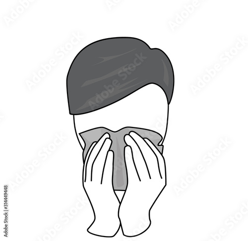 man caught a cold. Icon man sneezes. man covers his face with a scarf. vector illustration.