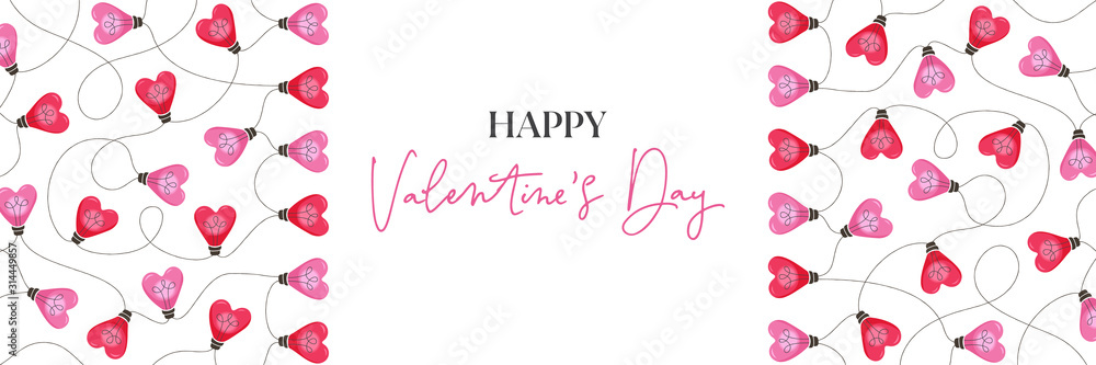 Happy Valentine's Day Holiday Heart String Lights on White Background Horizontal Banner Happy Valentine's Day Holiday Heart String Lights on White Background Horizontal Banner