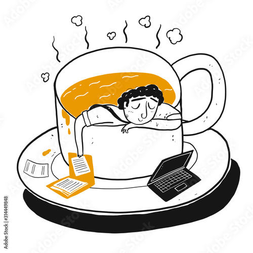 The drawing character a man in cup of coffee.